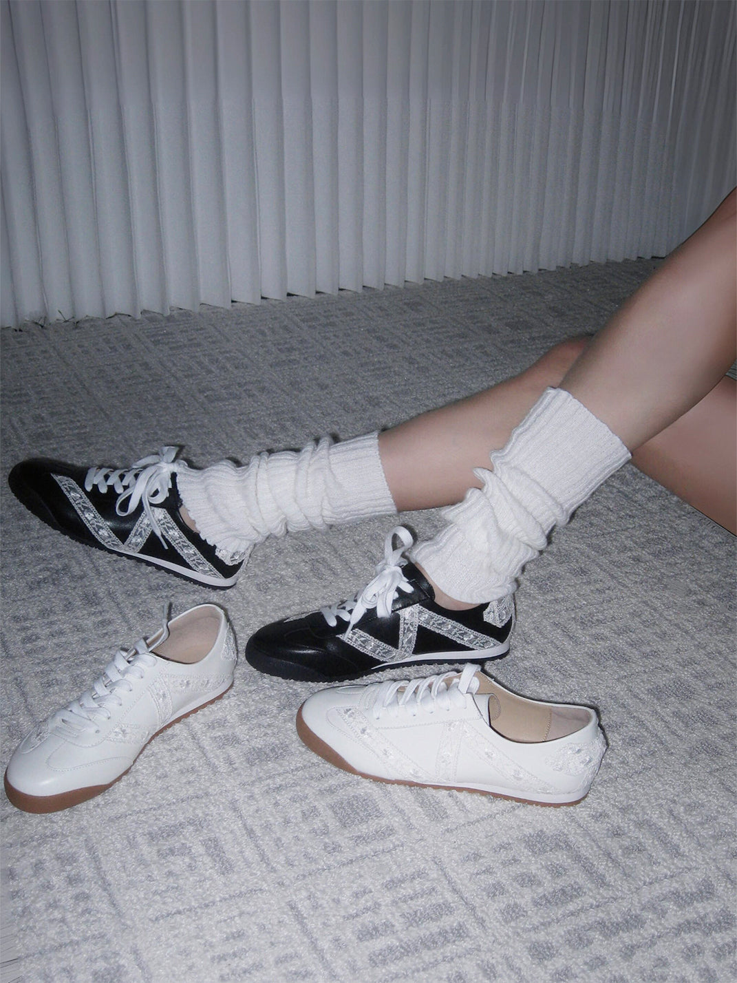Floral-Lace Leather Low-Profile Sneakers