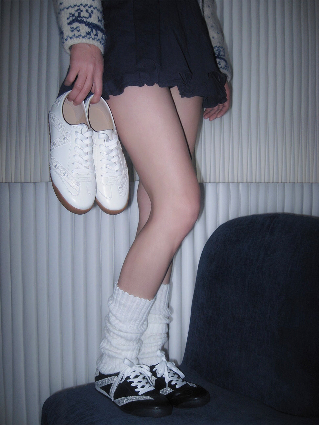 Floral-Lace Leather Low-Profile Sneakers