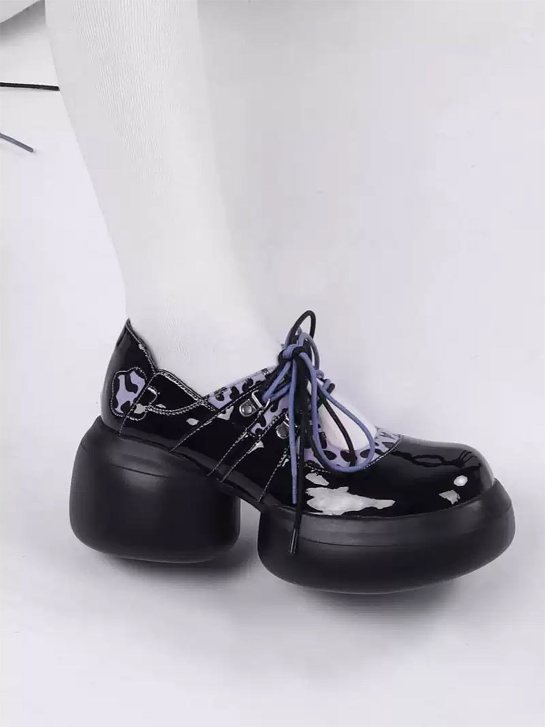 Leopard-Trim Patent Platform Oxfords
