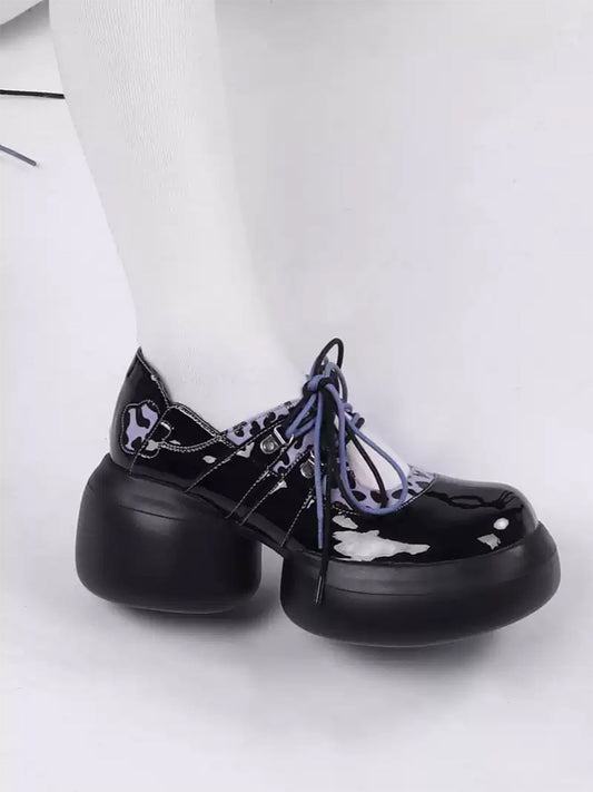 Leopard-Trim Patent Platform Oxfords