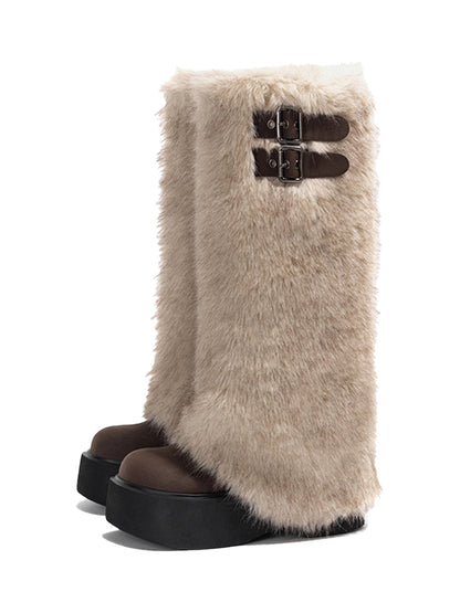 Faux Fur Double-Buckle Platform Tall Boots