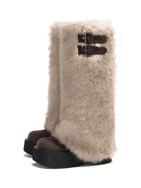 Faux Fur Double-Buckle Platform Tall Boots