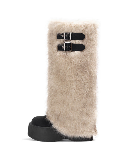 Faux Fur Double-Buckle Platform Tall Boots