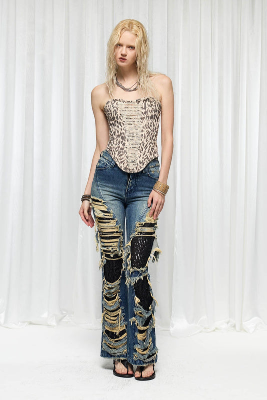 DND4DES×Faychui Grunge Heavy-Distressed Layered Flared Jeans
