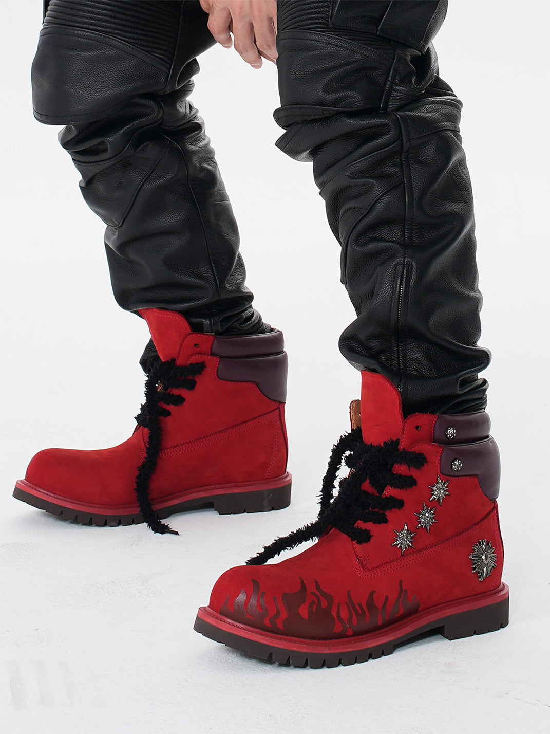 Flame Applique Genuine Leather Combat Boots