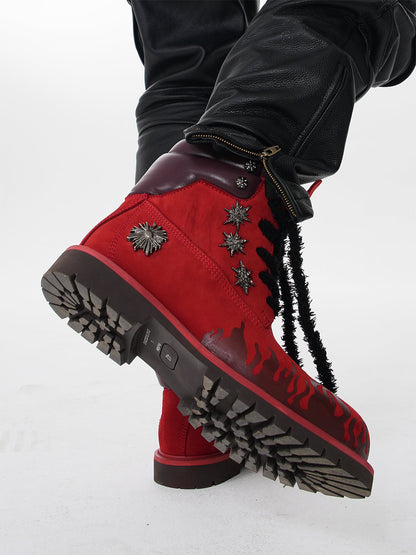 Flame Applique Genuine Leather Combat Boots