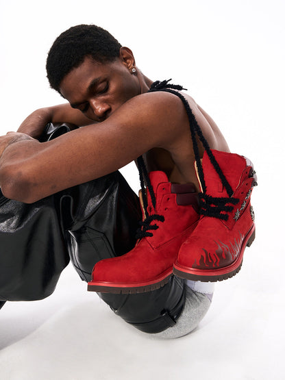 Flame Applique Genuine Leather Combat Boots