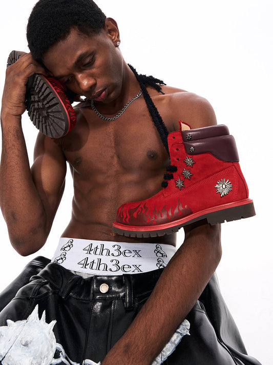 Flame Applique Genuine Leather Combat Boots