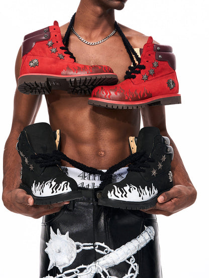 Flame Applique Genuine Leather Combat Boots