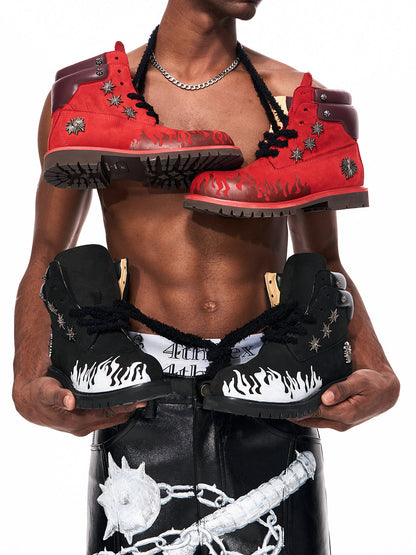 Flame Applique Genuine Leather Combat Boots