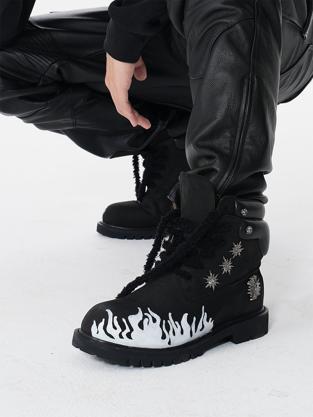 Flame Applique Genuine Leather Combat Boots