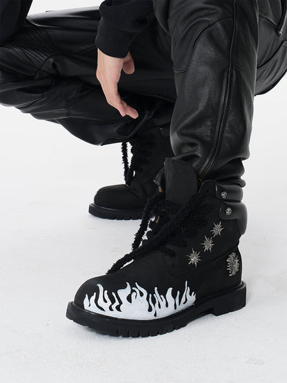 Flame Applique Genuine Leather Combat Boots