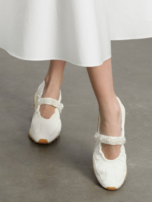 Pearl-Strap Leather Ballet Mary Janes