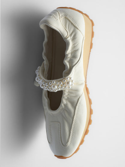 Pearl-Strap Leather Ballet Mary Janes