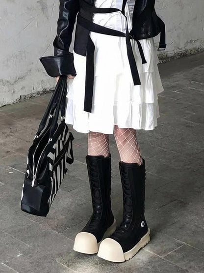 Contrast-Toe Mid-Calf Platform Boots