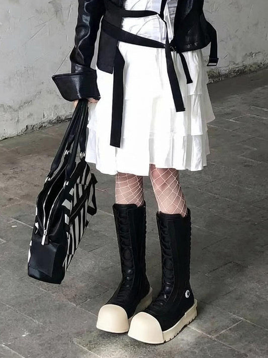 Contrast-Toe Mid-Calf Platform Boots