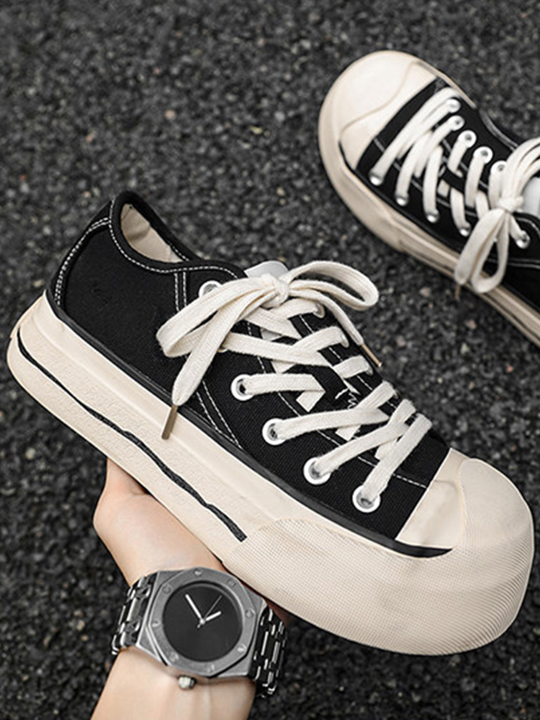 Asymmetric-Toe Platform Canvas Sneakers
