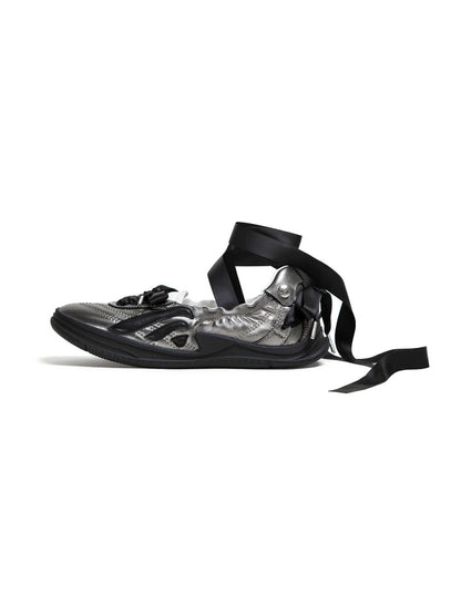 Ribbon-Lace Cutout Ballet Sandals