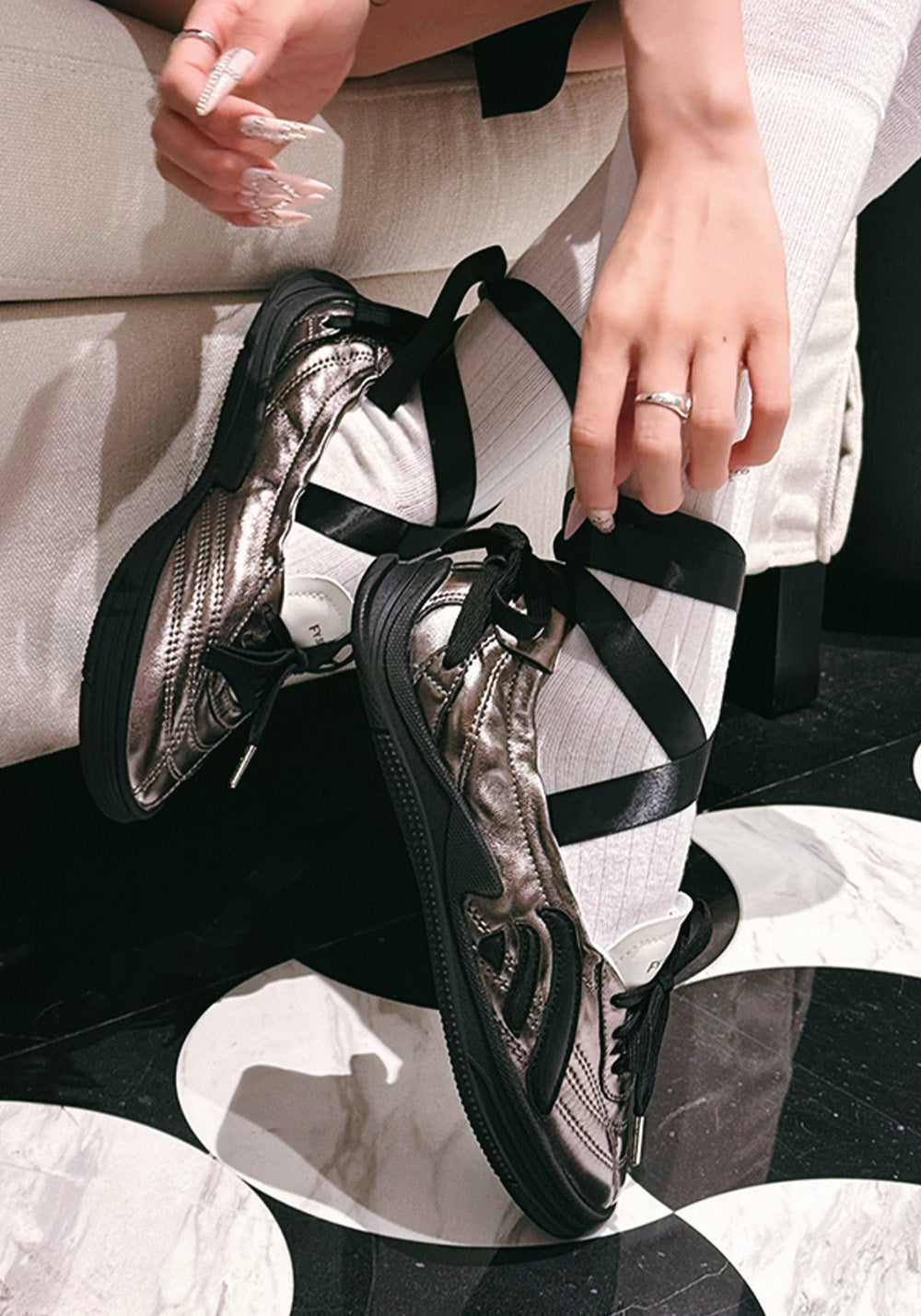 Ribbon-Lace Cutout Ballet Sandals