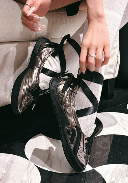 Ribbon-Lace Cutout Ballet Sandals