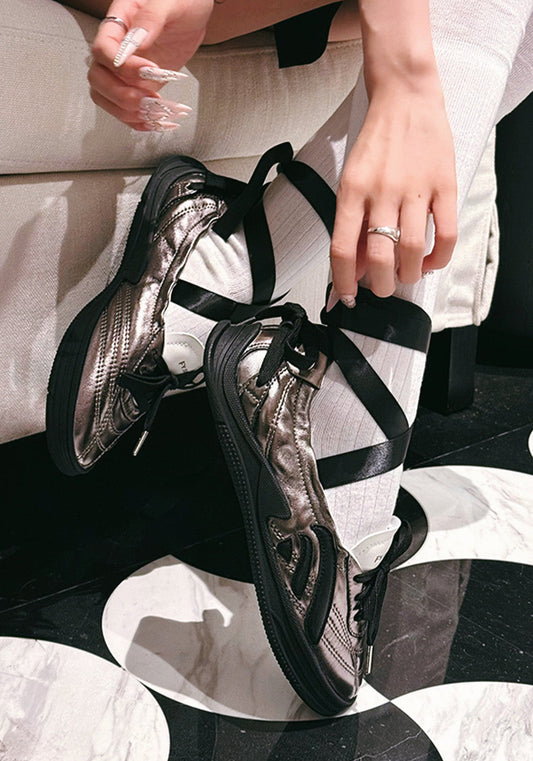 Ribbon-Lace Cutout Ballet Sandals