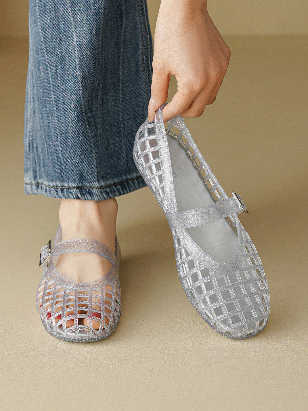 Glitter Caged Mary Jane Jelly Flats