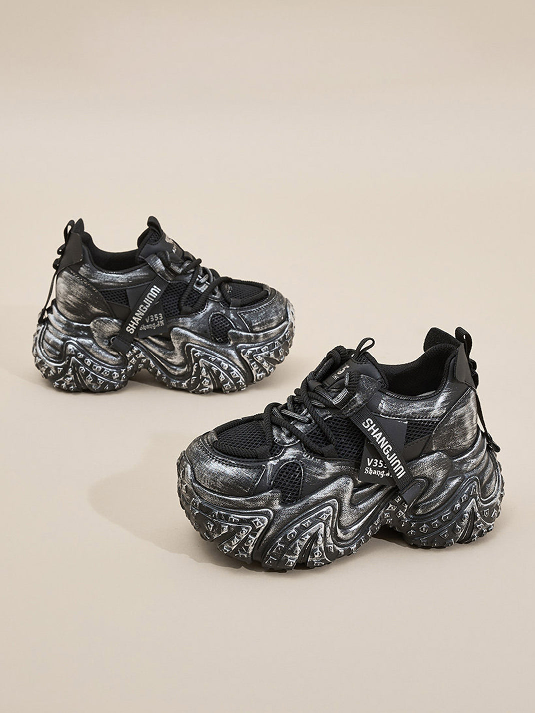 Distressed Sculptural Platform Sneakers