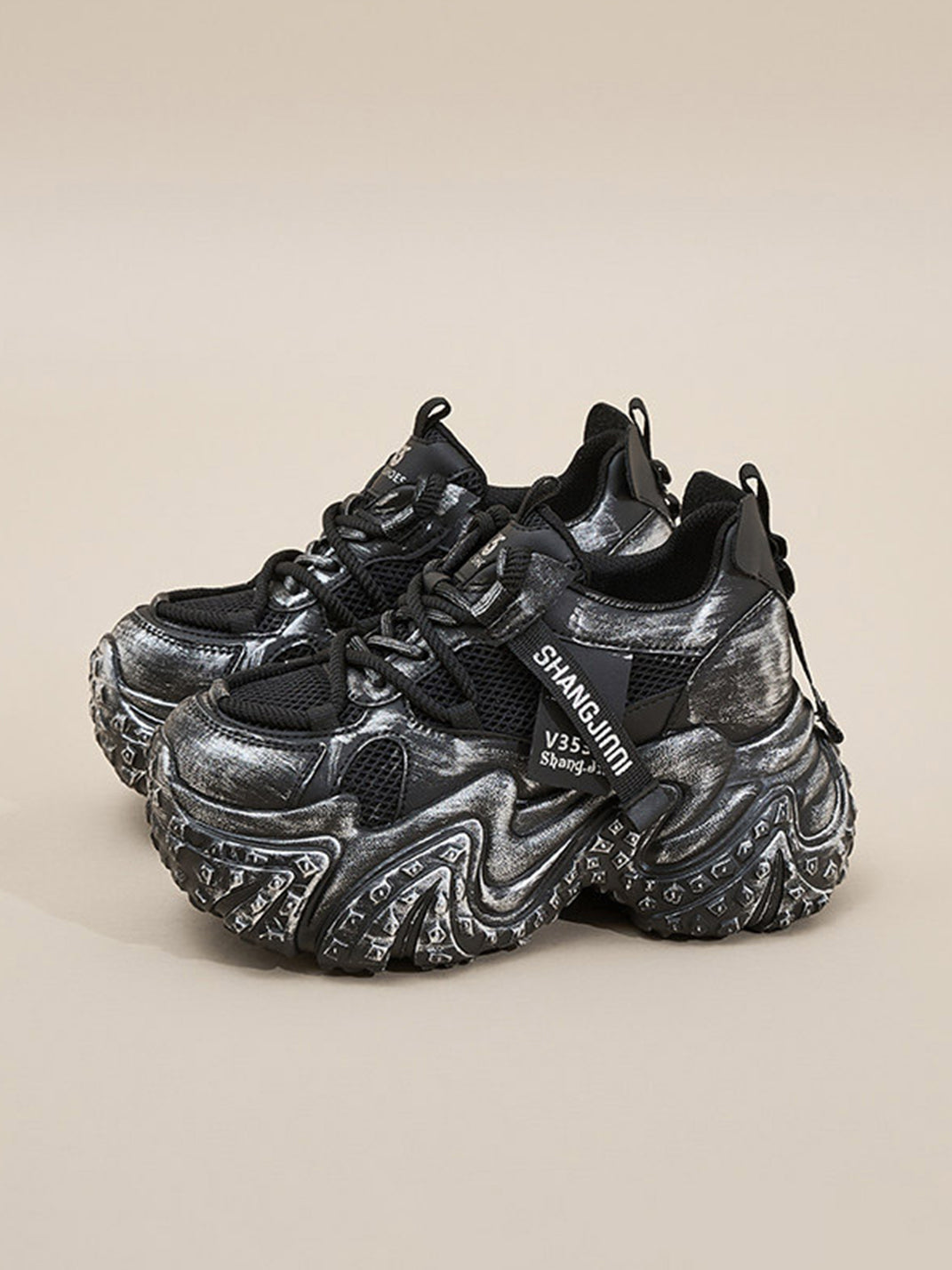 Distressed Sculptural Platform Sneakers