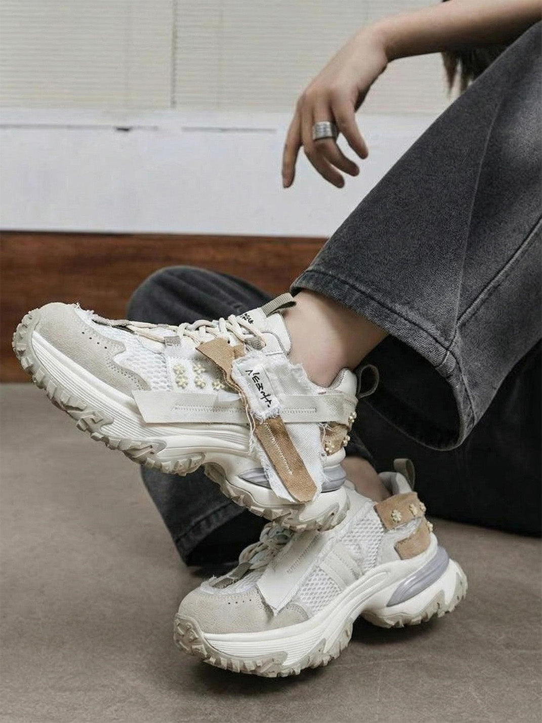 Patchwork Mesh Trail Platform Sneakers