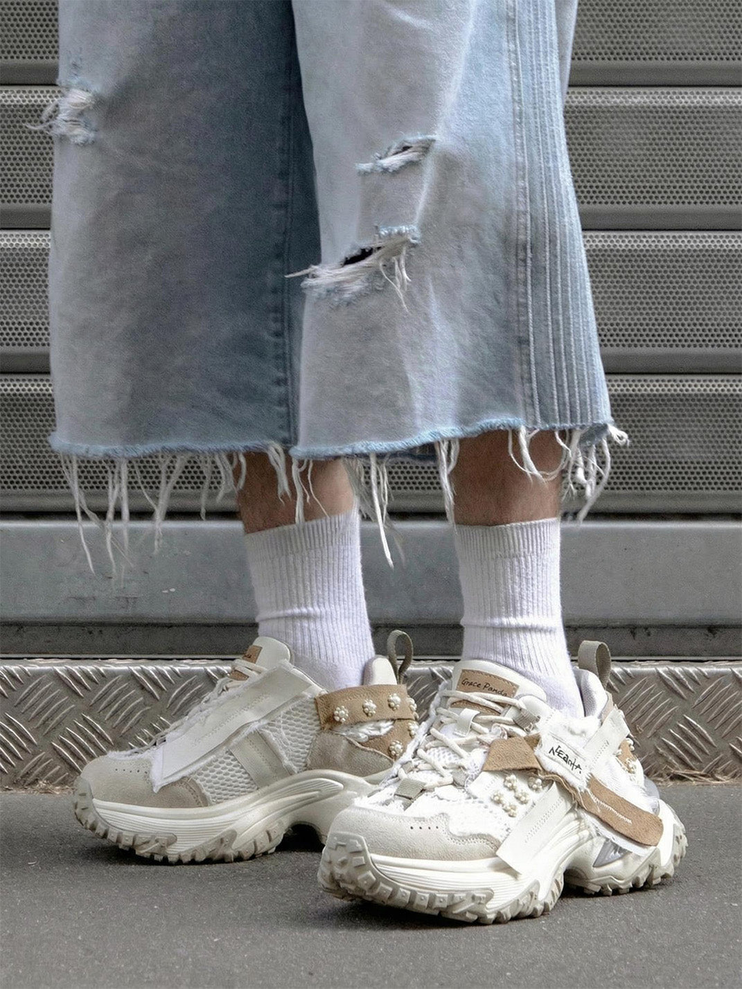 Patchwork Mesh Trail Platform Sneakers