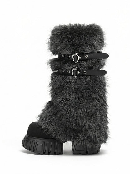 Gray Fur Gaiter Platform Calf Boots