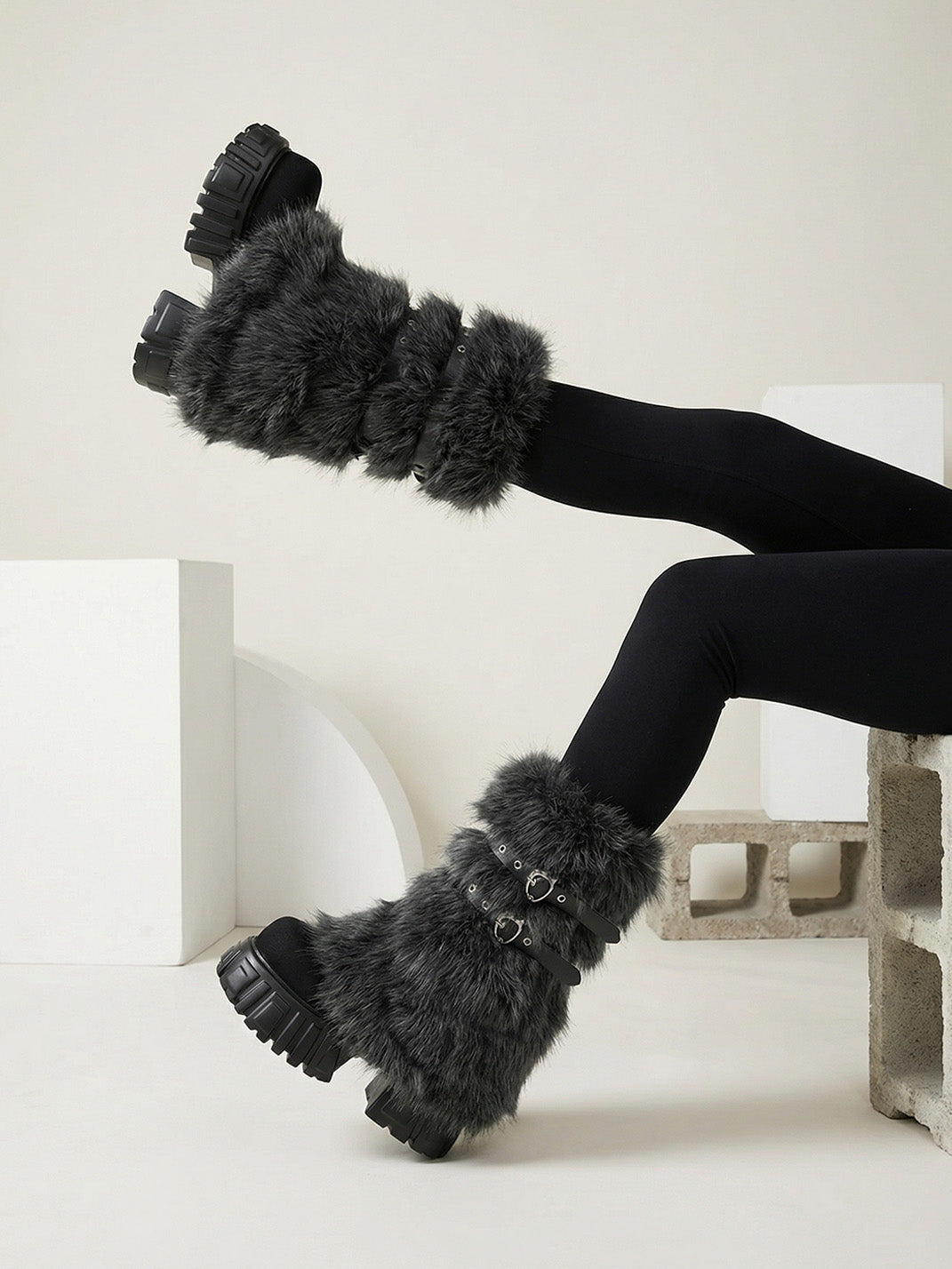 Gray Fur Gaiter Platform Calf Boots