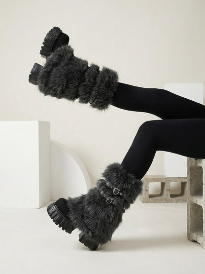 Gray Fur Gaiter Platform Calf Boots