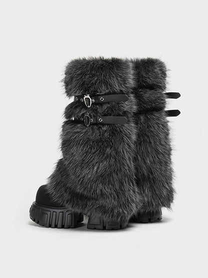 Gray Fur Gaiter Platform Calf Boots