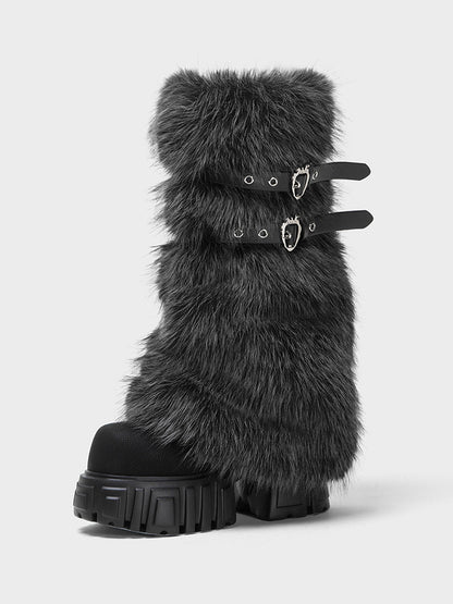Gray Fur Gaiter Platform Calf Boots