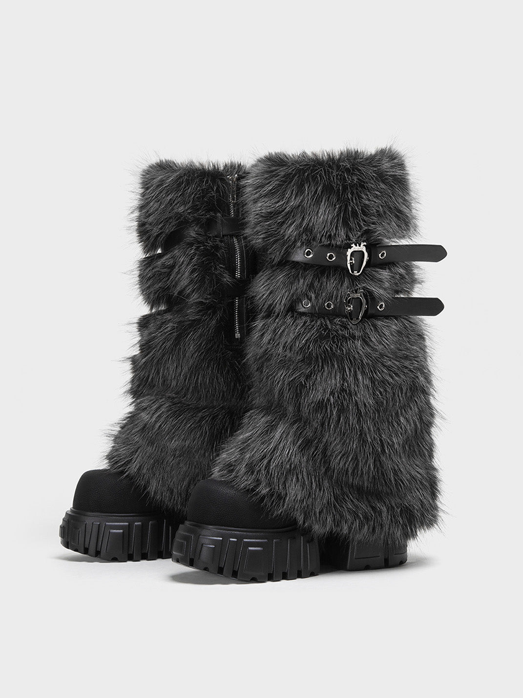 Gray Fur Gaiter Platform Calf Boots