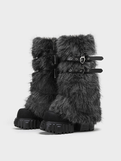 Gray Fur Gaiter Platform Calf Boots