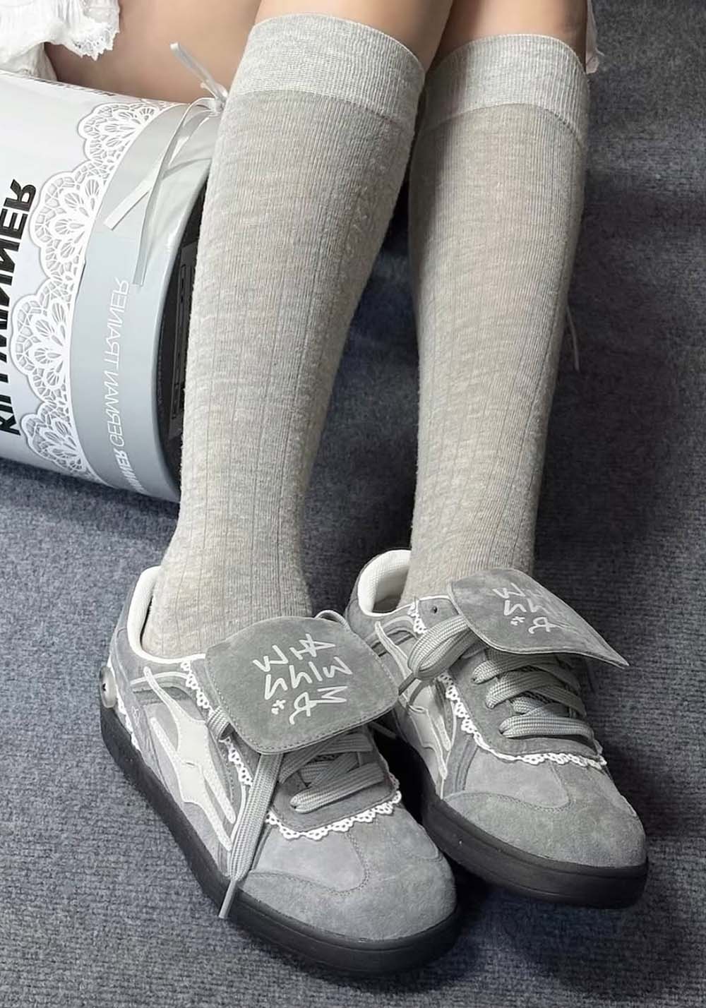 Grey Lace-Wrapped Retro Trainer Sneakers
