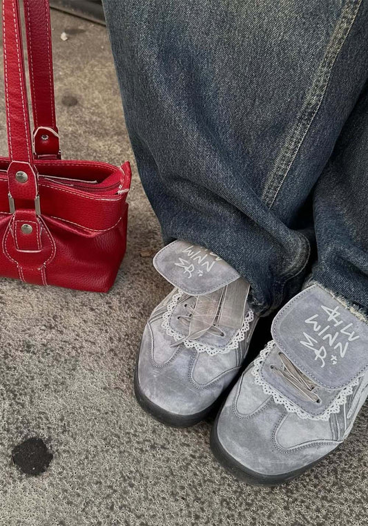 Grey Lace-Wrapped Retro Trainer Sneakers