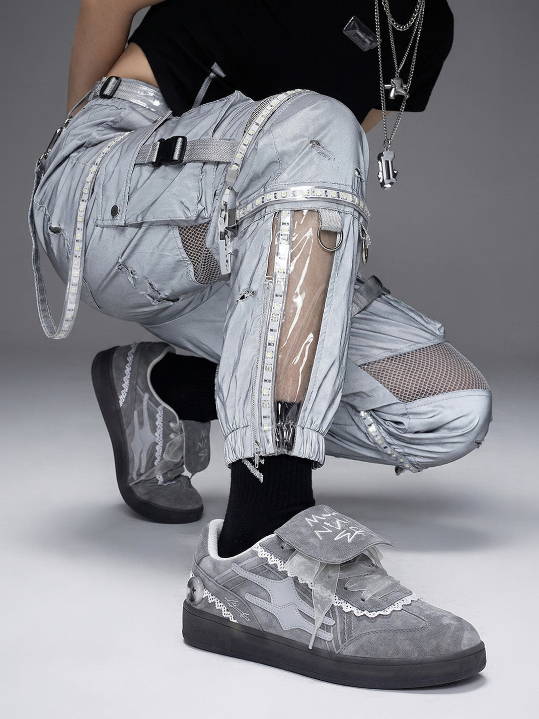Grey Lace-Wrapped Retro Trainer Sneakers