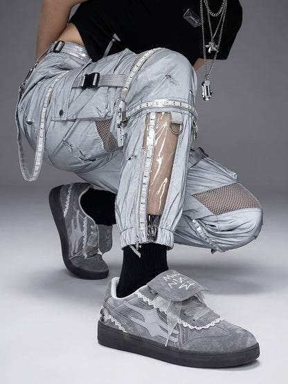 Grey Lace-Wrapped Retro Trainer Sneakers