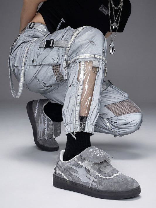 Grey Lace-Wrapped Retro Trainer Sneakers