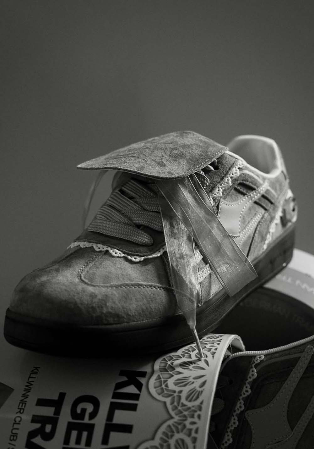 Grey Lace-Wrapped Retro Trainer Sneakers