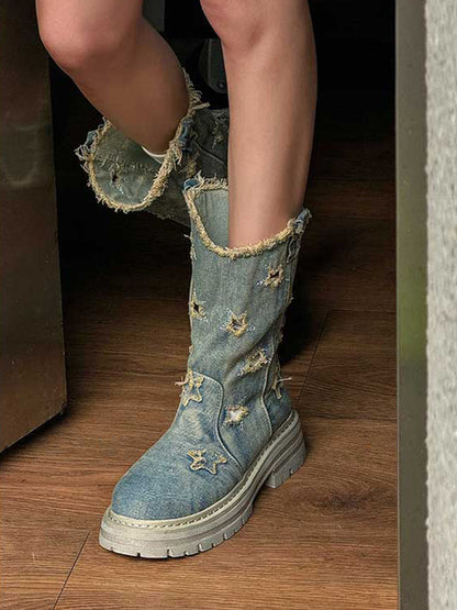 Star-Cutout Distressed Denim Platform Boots