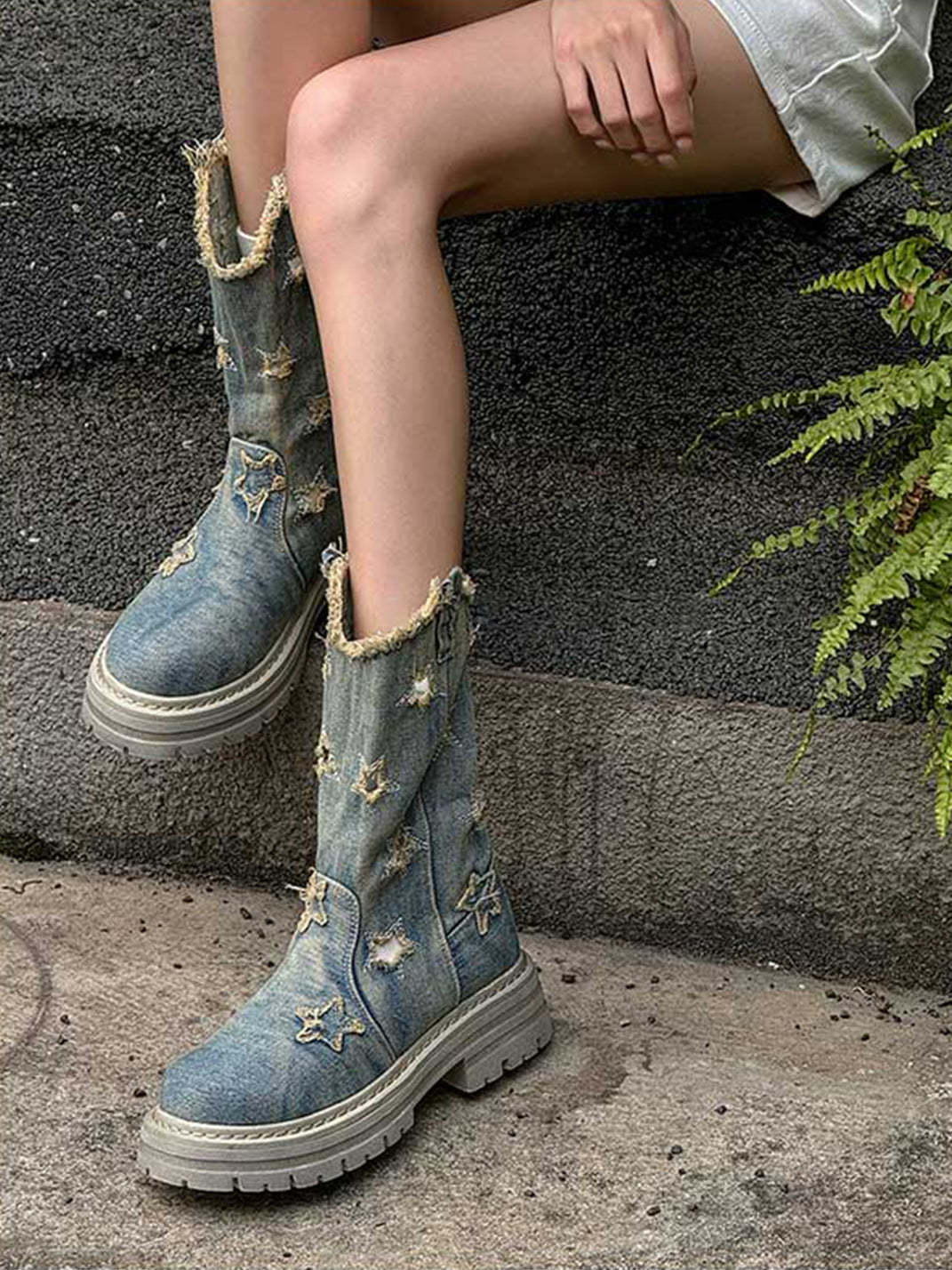 Star-Cutout Distressed Denim Platform Boots