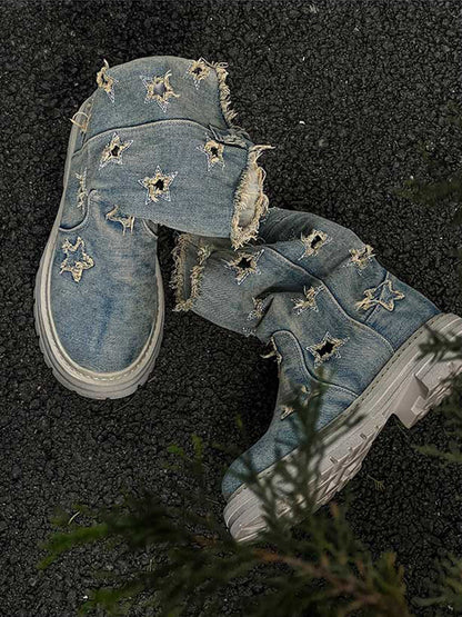 Star-Cutout Distressed Denim Platform Boots