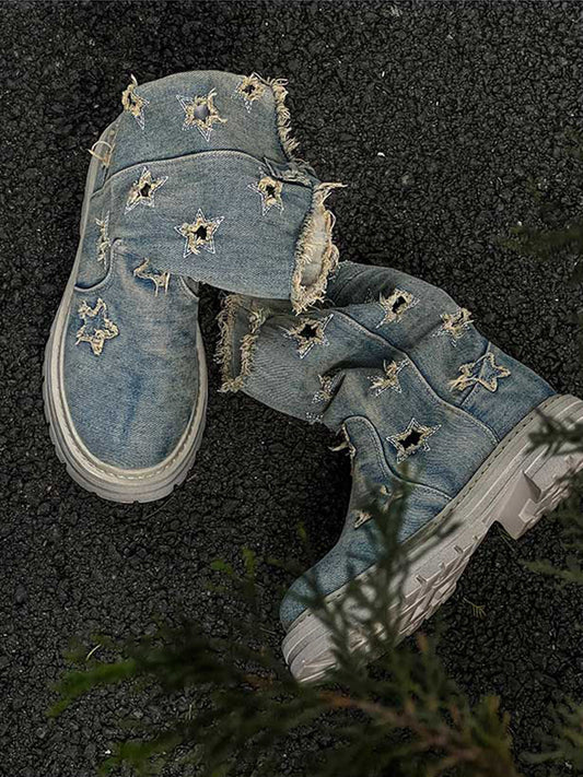 Star-Cutout Distressed Denim Platform Boots