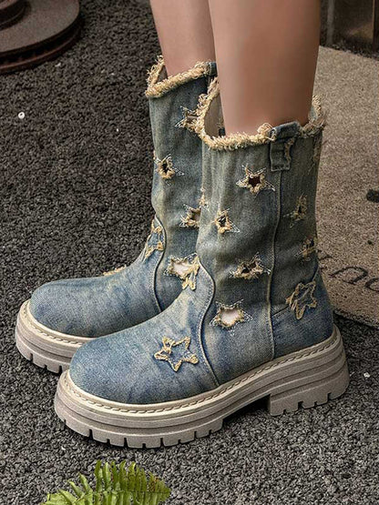 Star-Cutout Distressed Denim Platform Boots