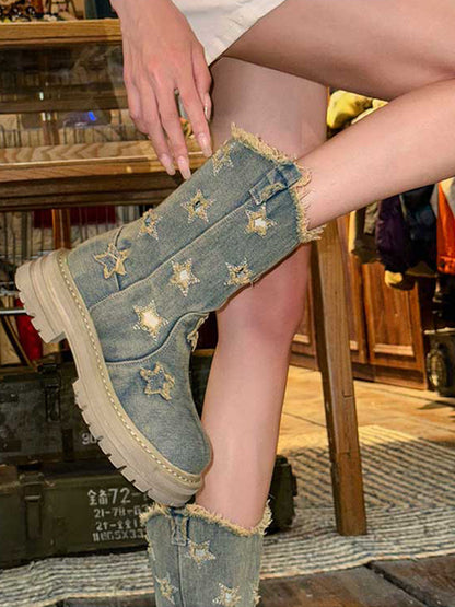 Star-Cutout Distressed Denim Platform Boots