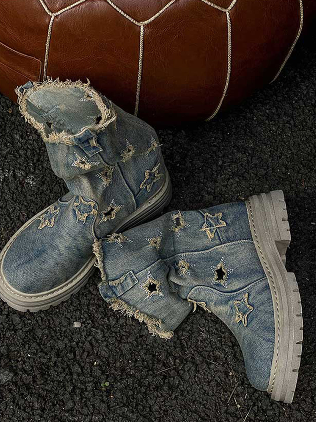 Star-Cutout Distressed Denim Platform Boots